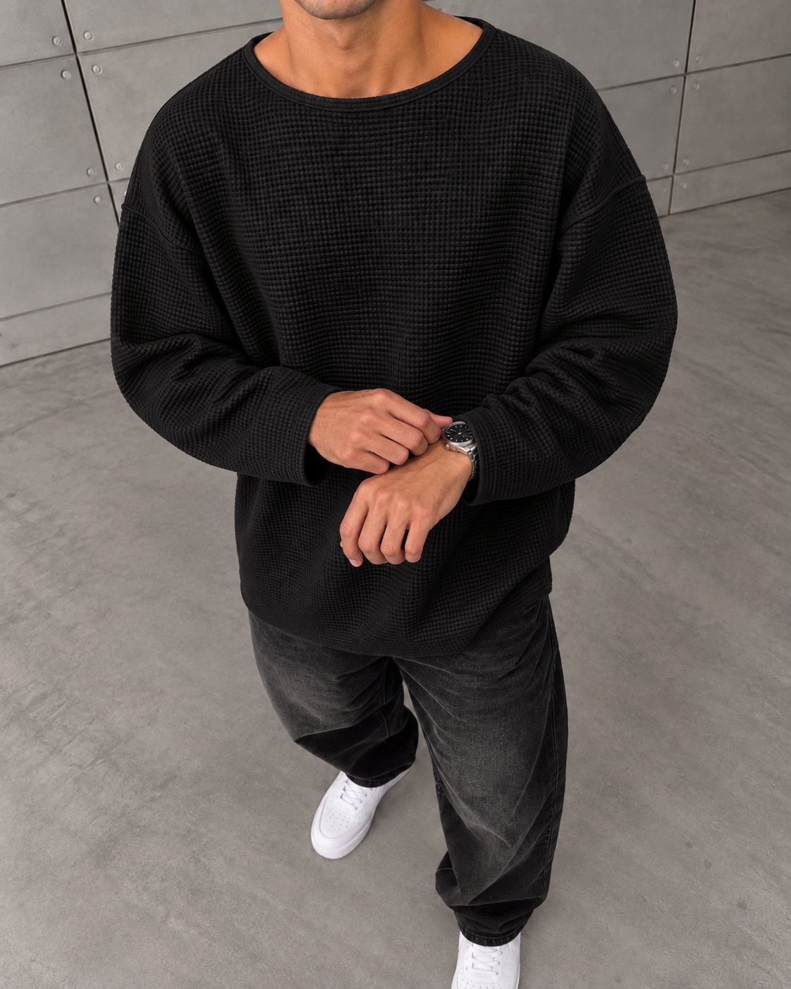 Waffle Siyah Sweatshirt